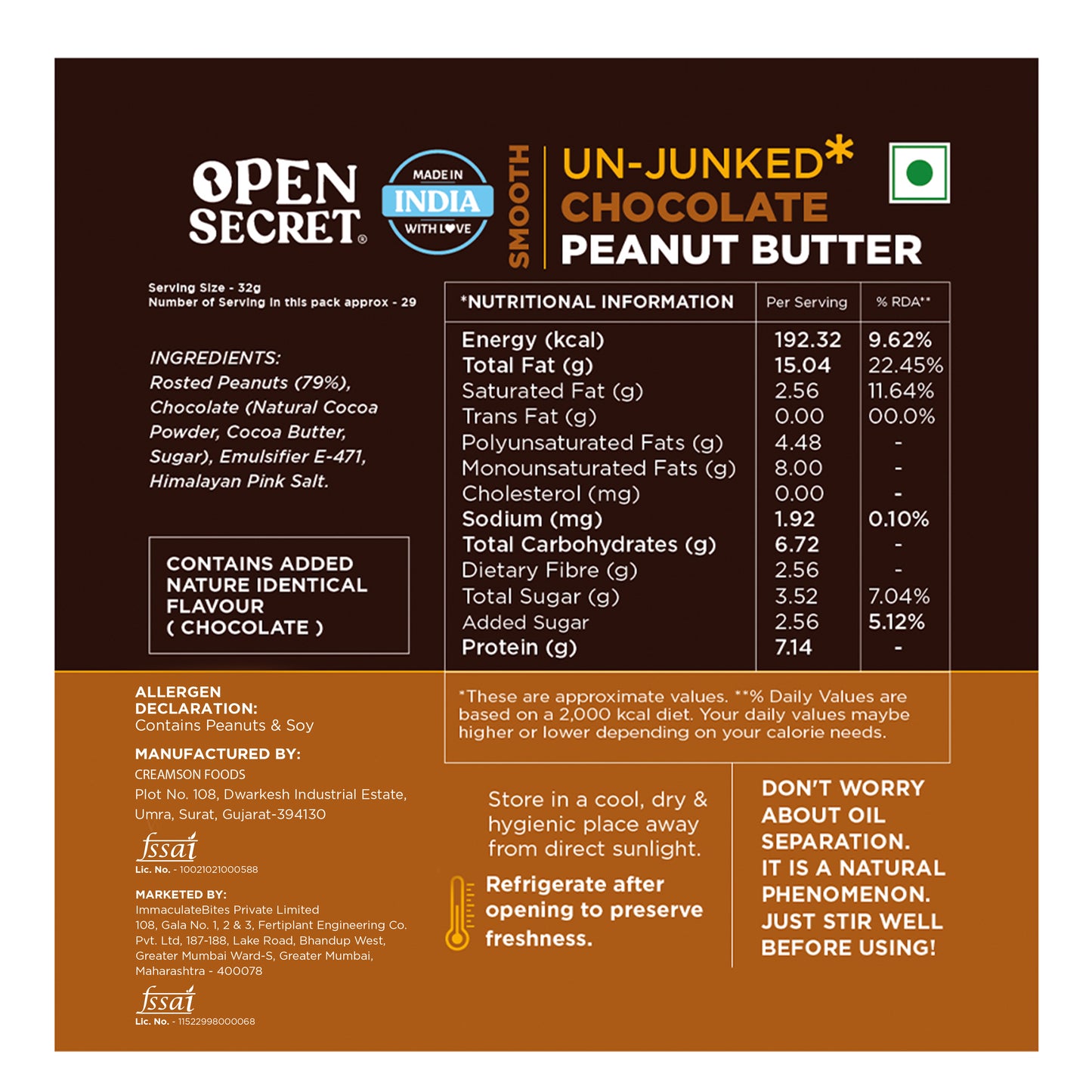 Open Secret Unjunked Chocolate Peanut Butter- Smooth (Pack of 2)