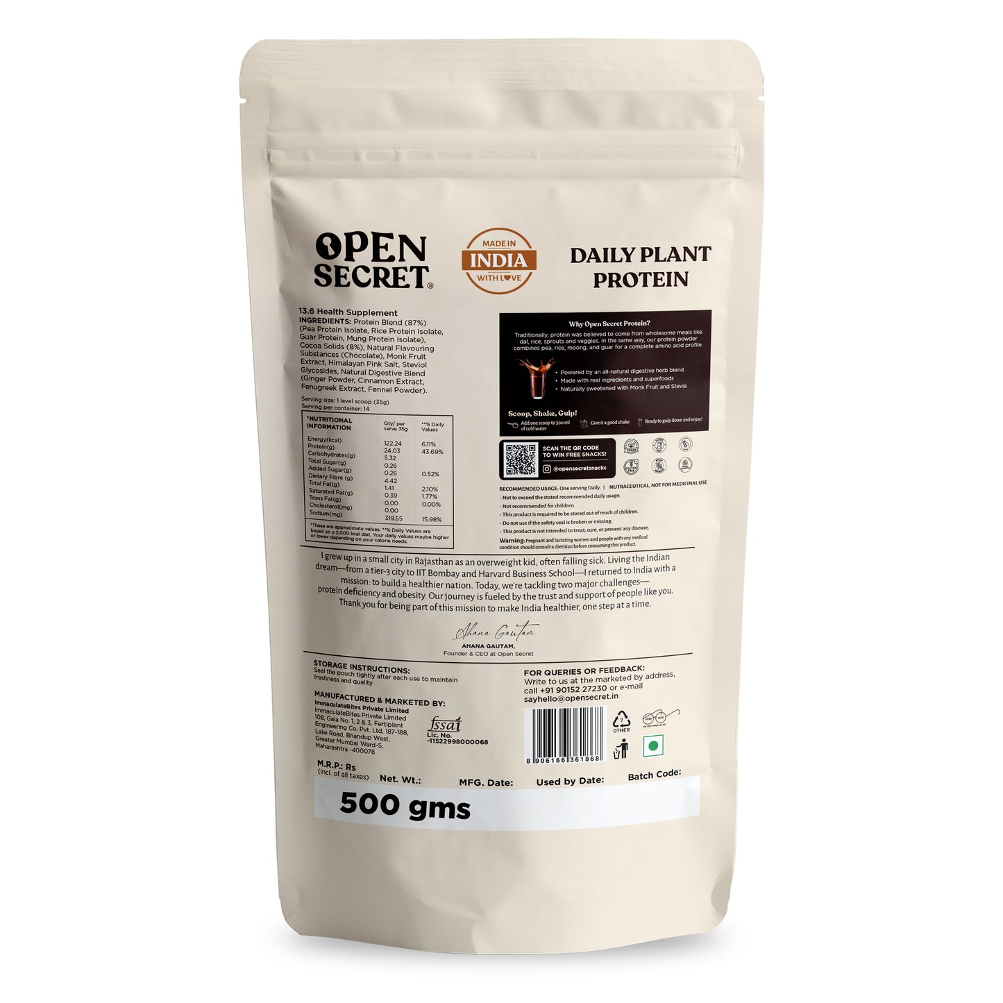 OS Daily Plant Protein In Chocolate Flavor (500gm) + Free Shaker Worth Rs 500