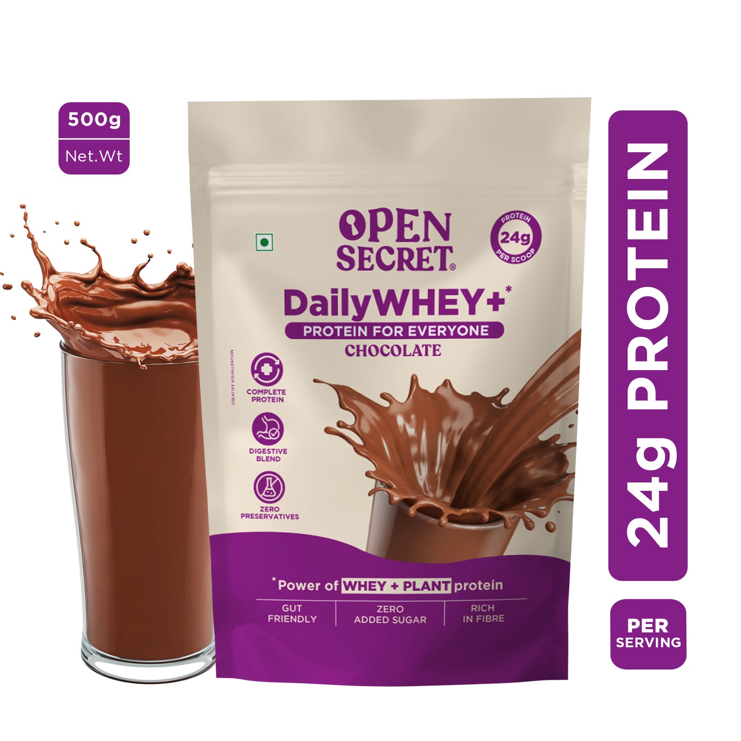 DailyWHEY+ | Blend of Whey + Plant Protein | 24g Protein Per Scoop | Chocolate Flavor | 500 g
