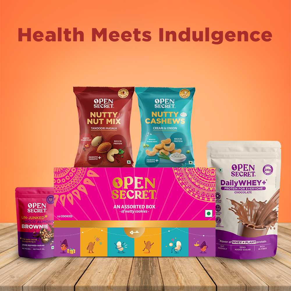 Open Secret Health and Indulgence Collection | Whey Protein | Chocolate Cookies | Choco Almond Brownie | Nutty Mix