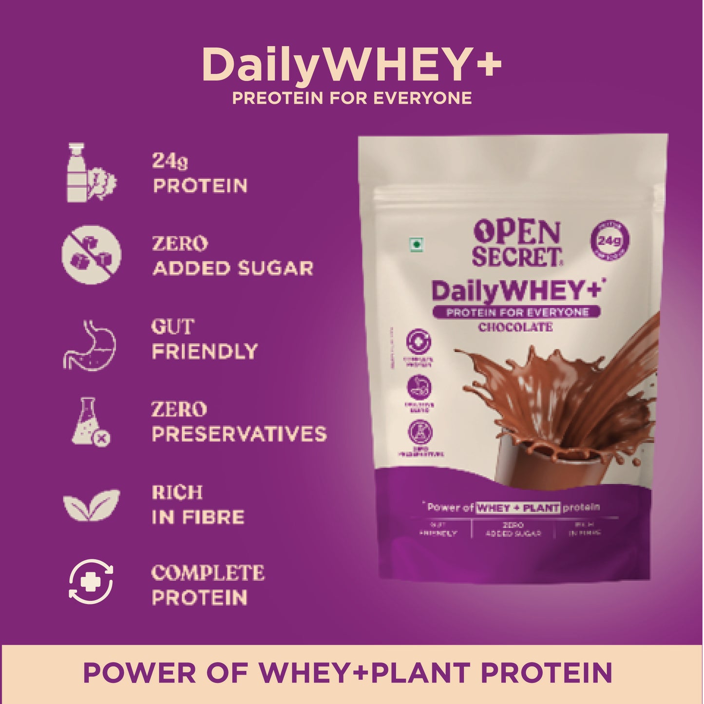 DailyWHEY+ | Blend of Whey + Plant Protein | 24g Protein Per Scoop | Chocolate Flavor | 500 g