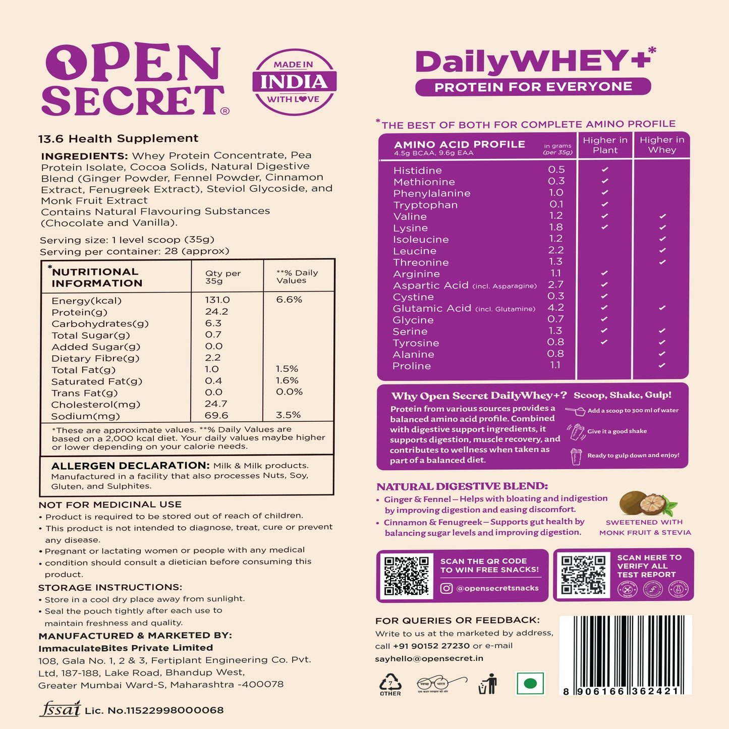 DailyWHEY+ | Blend of Whey + Plant Protein | 24g Protein Per Scoop | Chocolate Flavor | 250 g