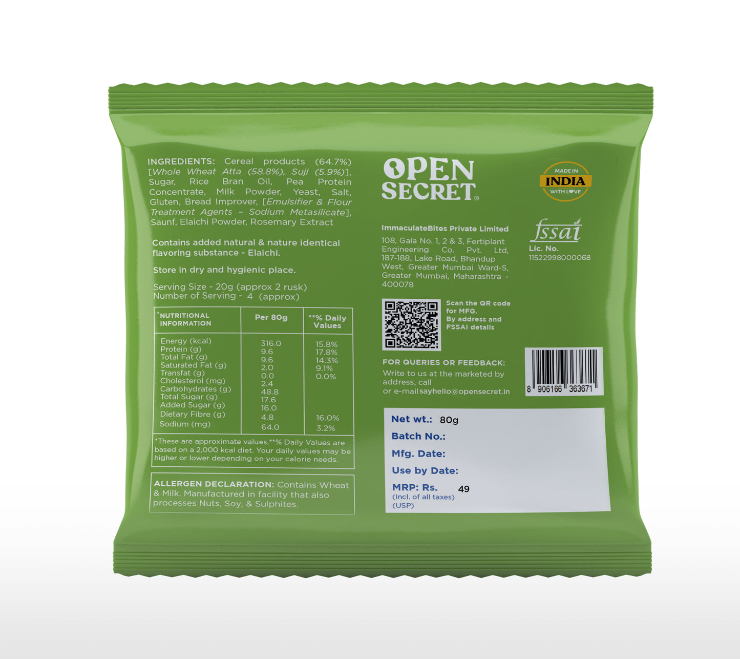 Open Secret High Protein Rusk - Elaichi 80g