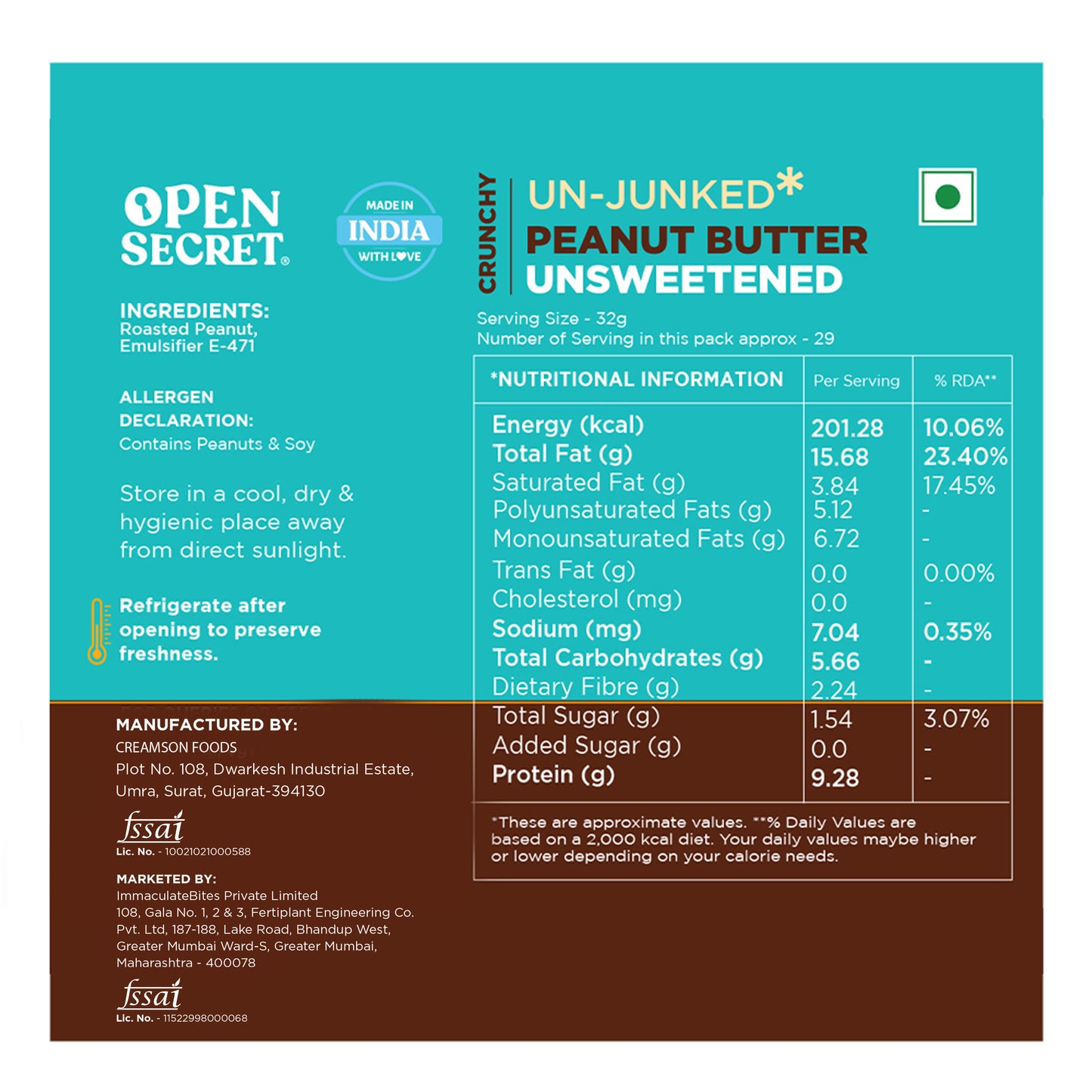 Open Secret Unjunked Unsweetened Peanut Butter- Crunchy (Pack of 2)