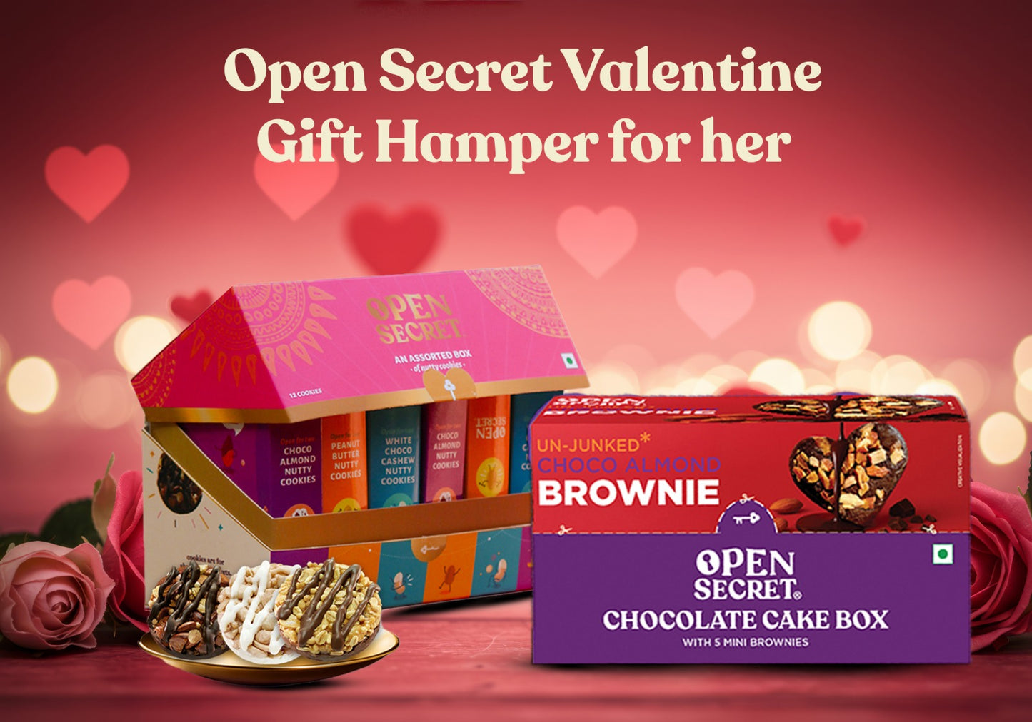 Open Secret Valentine's Gift Hamper for her | Cookies, Heart Shaped Brownie