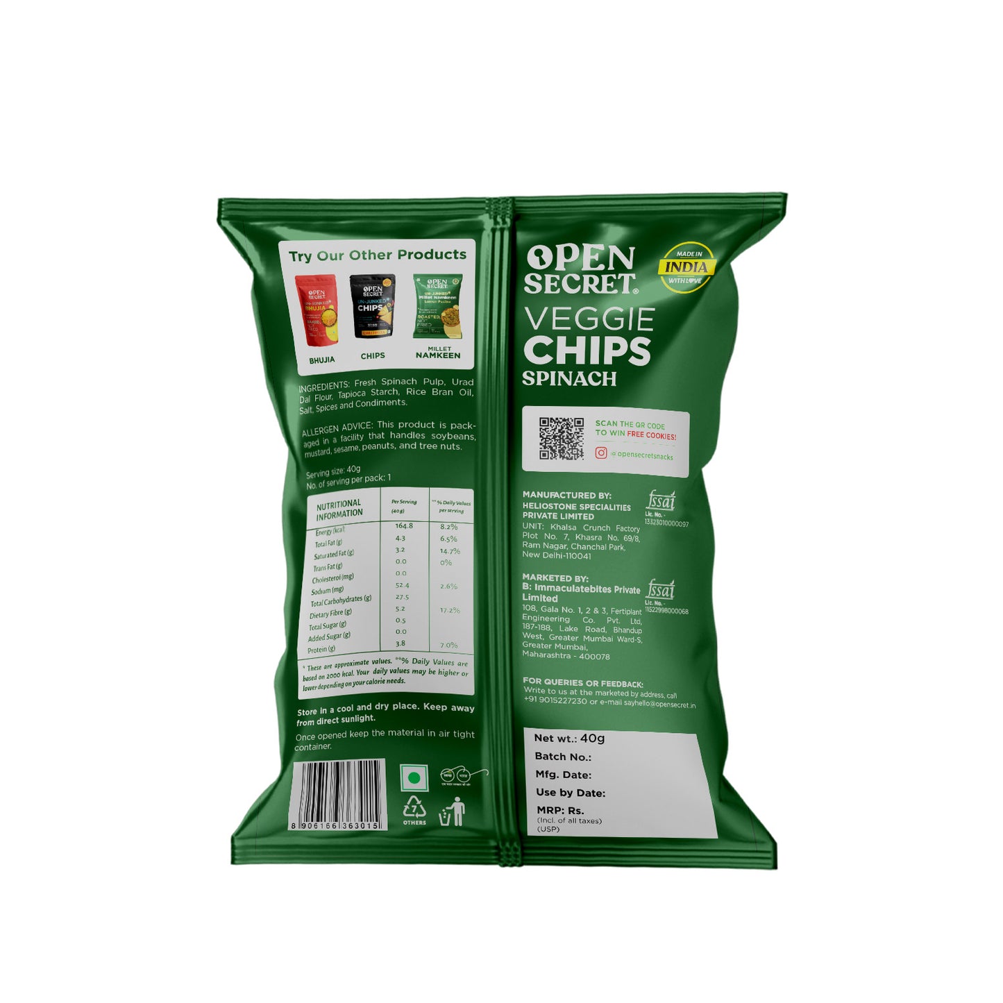Open Secret Spinach Chips | Heathly Snacks, 0% Palm Oil, Contains Protein and Vegetables | Guilt Free | 40g