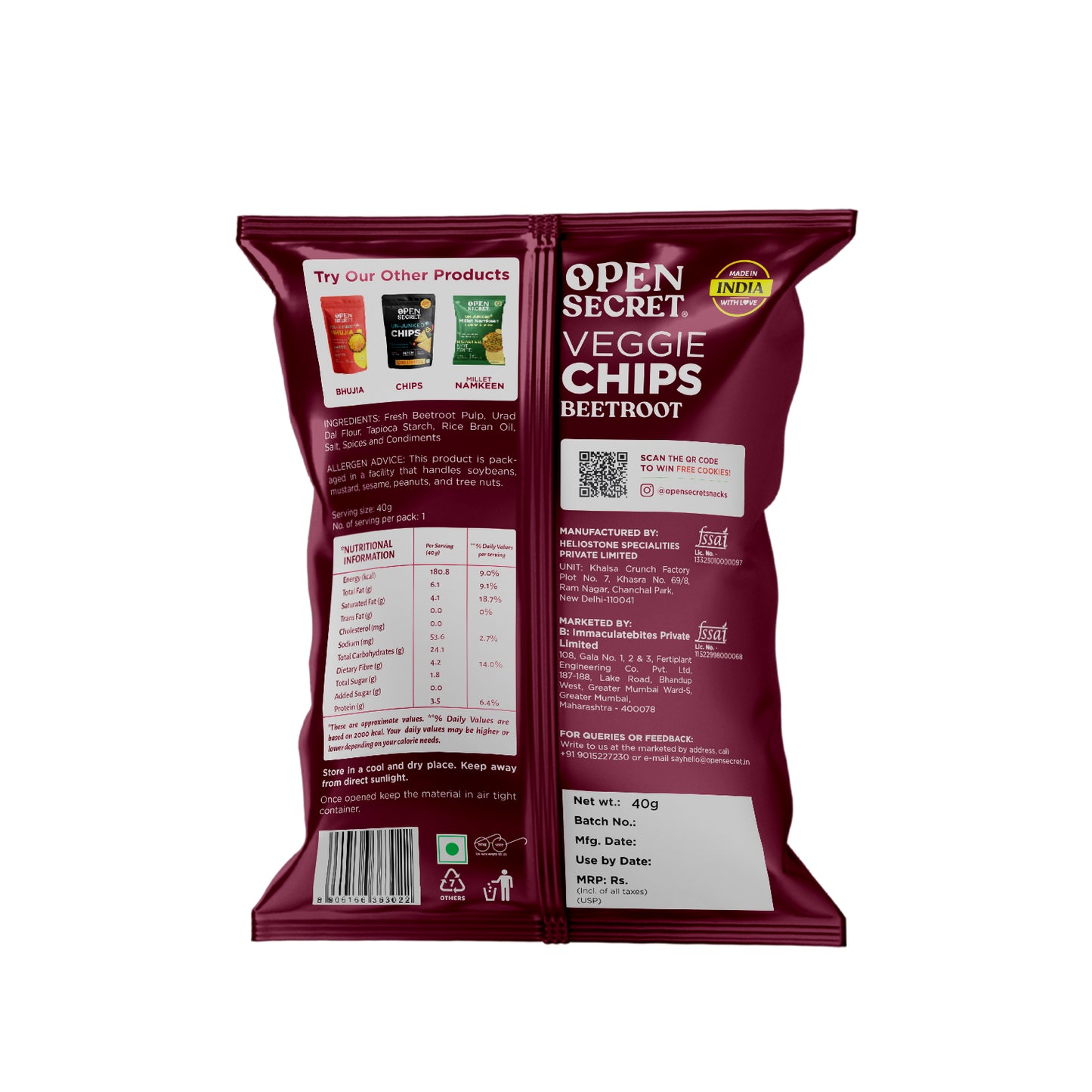 Open Secret Beetroot Chips | Heathly Snacks, 0% Palm Oil, Contains Protein and Vegetables | Guilt Free | 40g