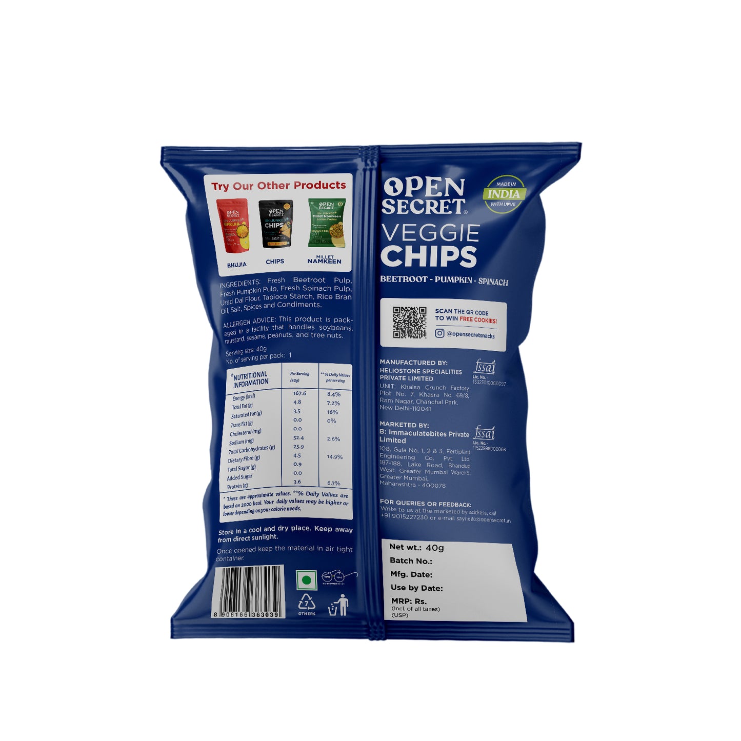 Open Secret Veggie Chips Beetroot, Pumpkin, Spinach | Heathly Snacks, No Palm Oil, Contains Protein | Guilt Free | 40g