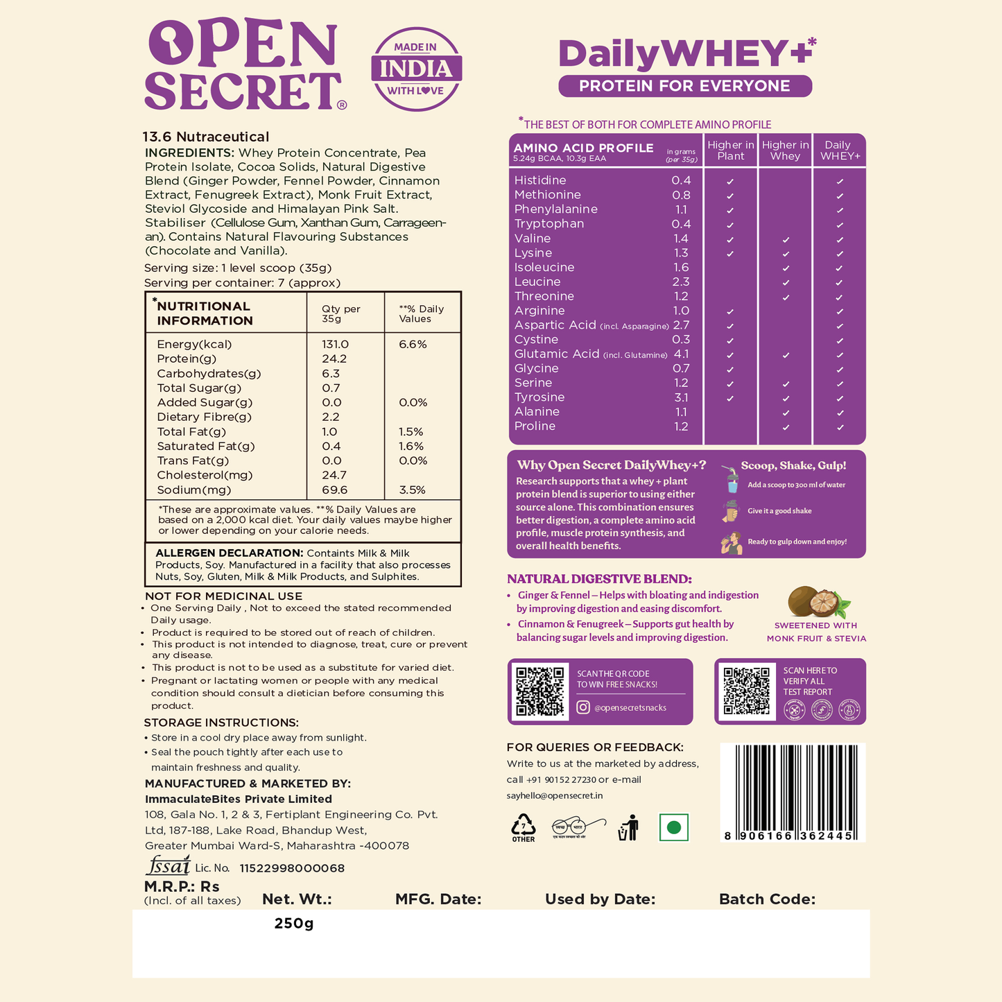 DailyWHEY+ | Blend of Whey + Plant Protein | 24g Protein Per Scoop | Chocolate Flavor | 250 g