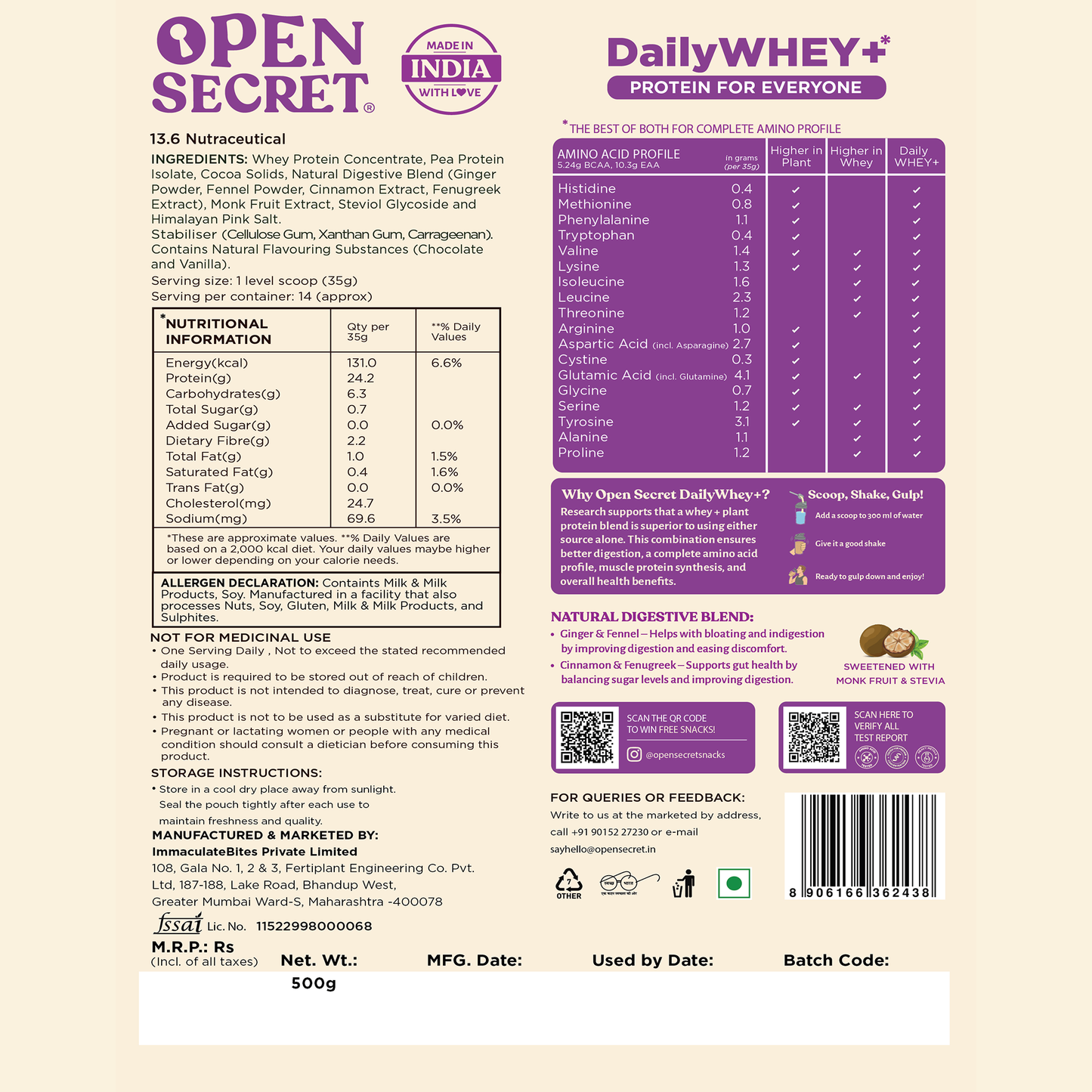 DailyWHEY+ | Blend of Whey + Plant Protein | 24g Protein Per Scoop | Chocolate Flavor | 500 g
