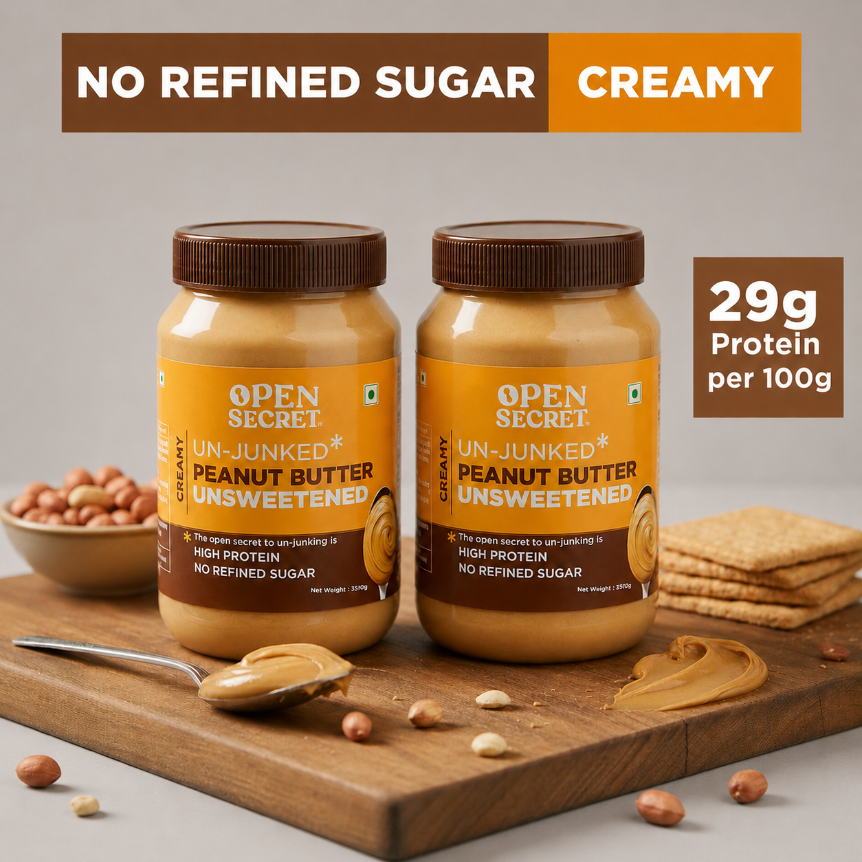 Open Secret Unjunked Unsweetened Peanut Butter- Creamy (Pack of 2)