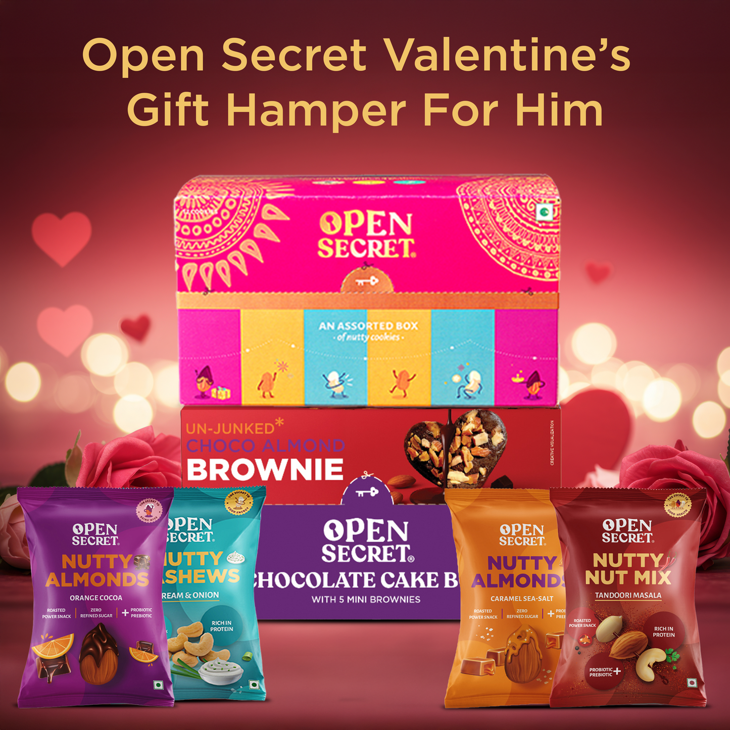 Open Secret Valentine's Gift Hamper for him | Cookies, Heart Shaped Brownie and Flavoured Nuts